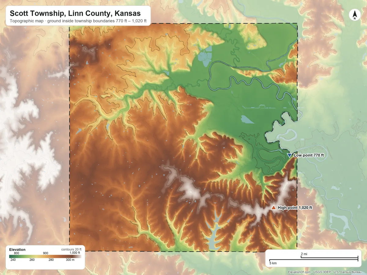 Topographic elevation map of Scott Township, Linn County, Kansas, shaded from 770 ft on the east side to 1,020 ft on the southeast side
