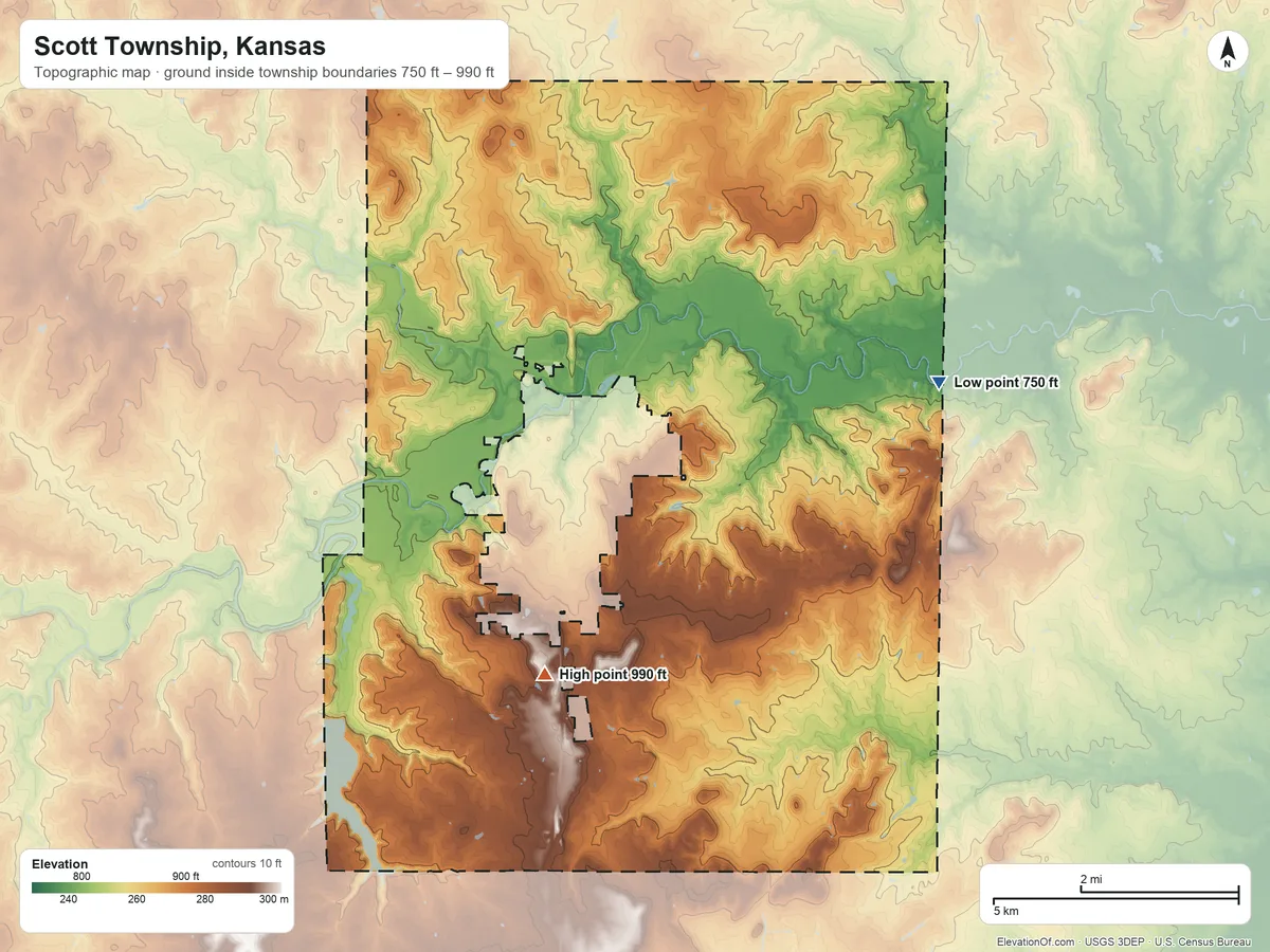 Topographic elevation map of Scott Township, Kansas, shaded from 750 ft on the northeast side to 990 ft on the southwest side