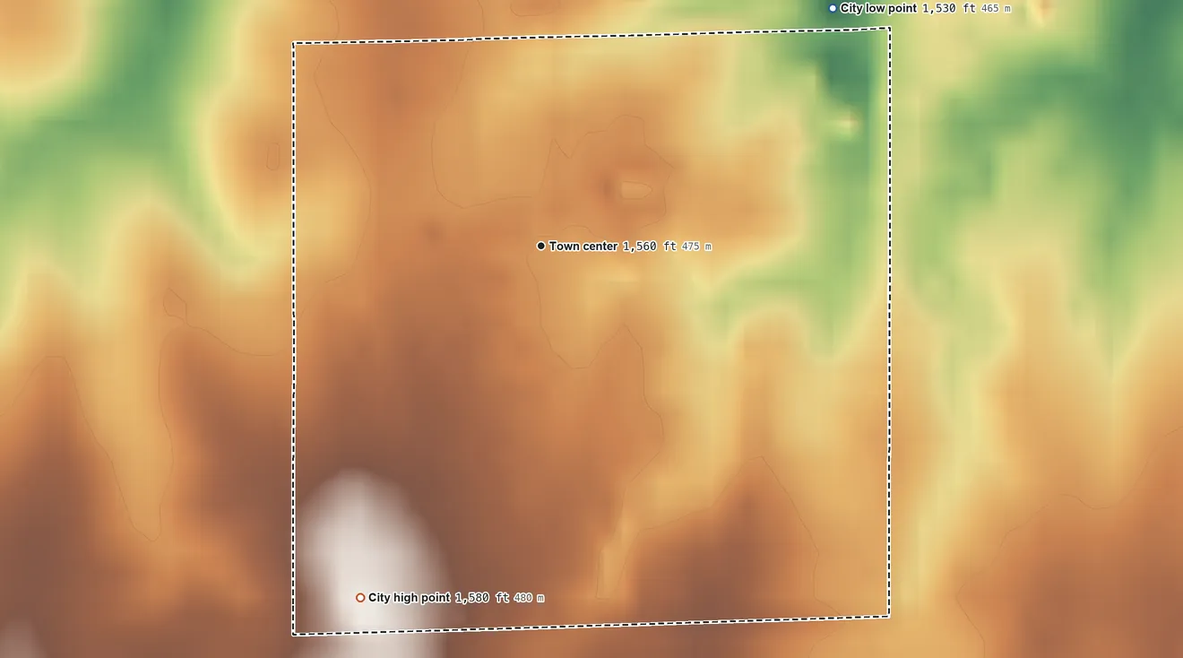 Topographic elevation map of Scottsville, Kansas, shaded from 1,530 ft on the northeast side to 1,580 ft on the southwest side