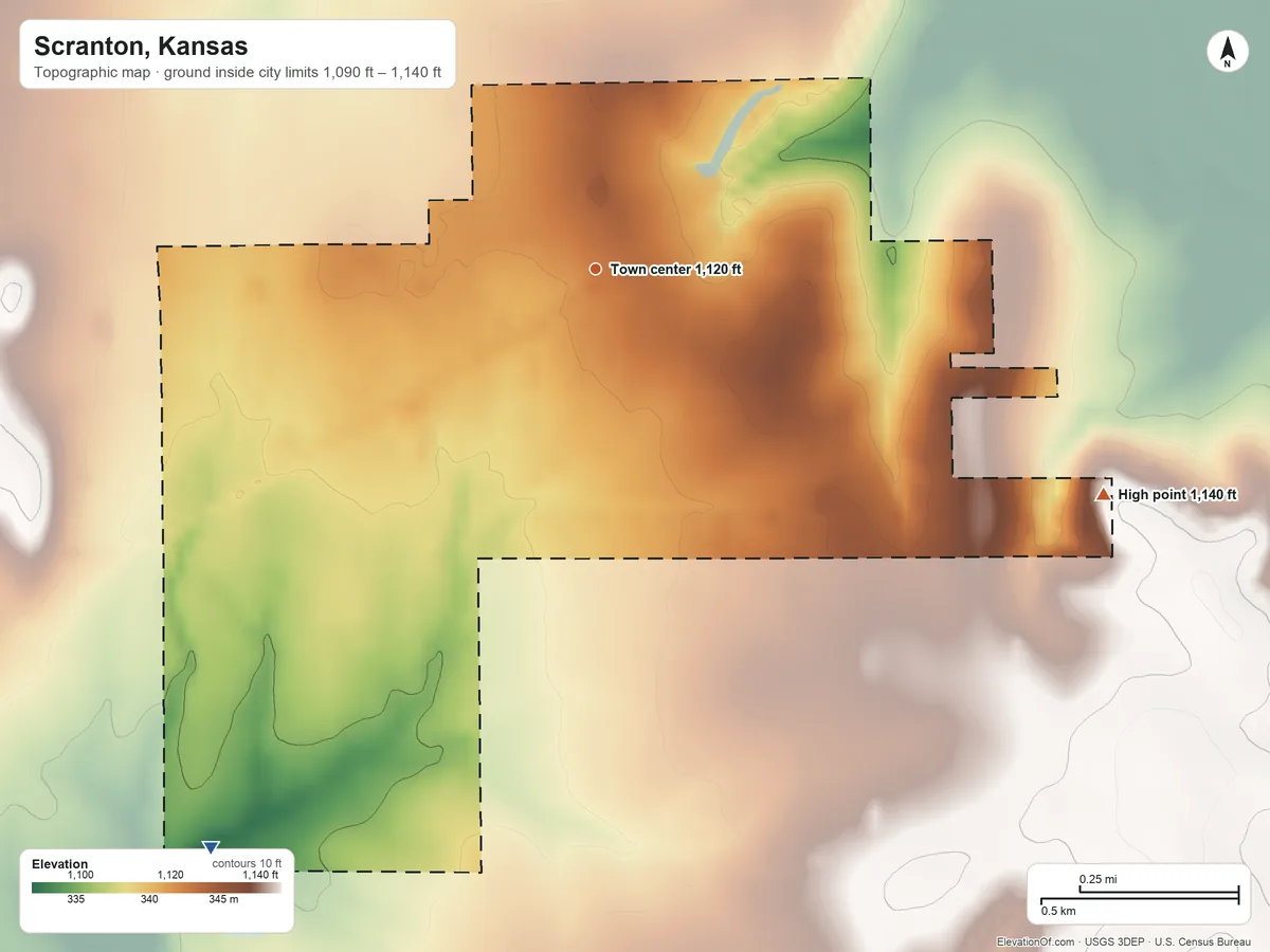 Topographic elevation map of Scranton, Kansas, shaded from 1,090 ft on the southwest side to 1,140 ft on the southeast side