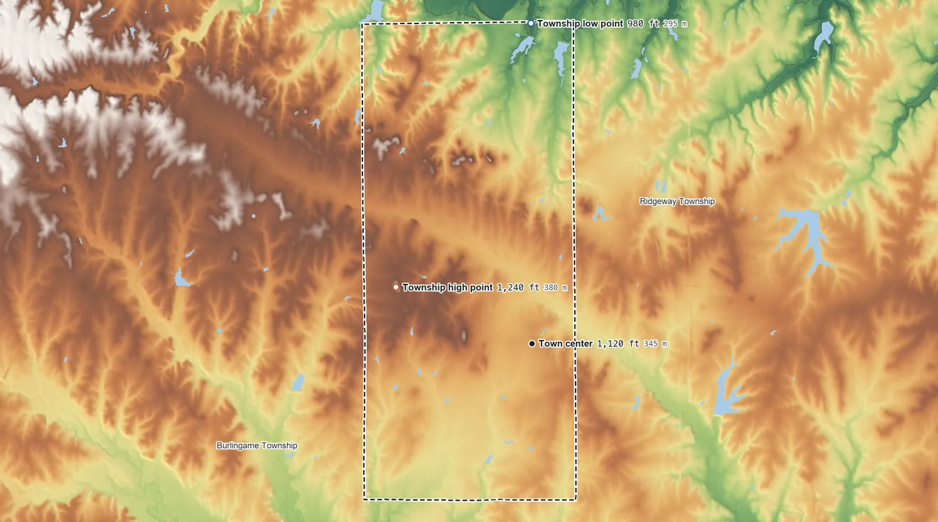 Topographic elevation map of Scranton Township, Kansas, shaded from 980 ft on the north side to 1,240 ft on the northwest side
