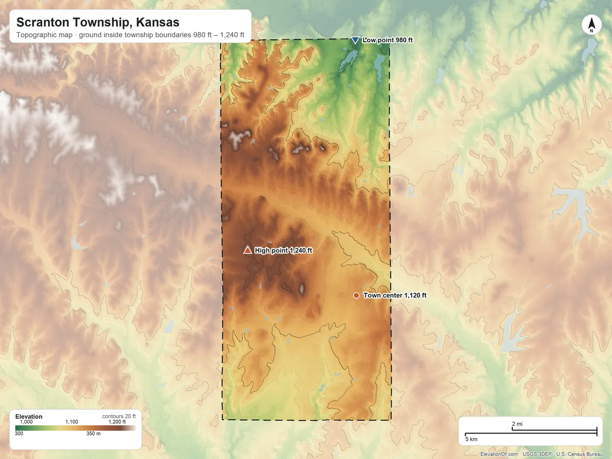 Topographic elevation map of Scranton Township, Kansas, shaded from 980 ft on the north side to 1,240 ft on the northwest side