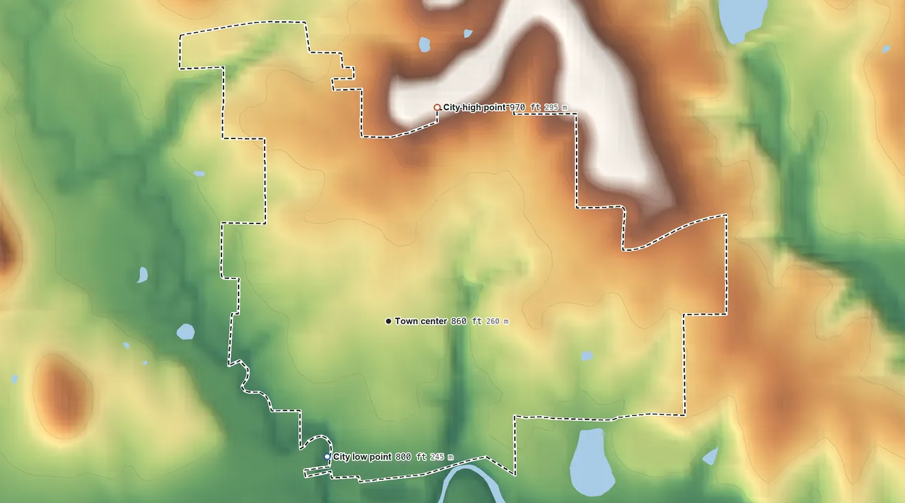 Topographic elevation map of Sedan, Kansas, shaded from 800 ft on the southwest side to 970 ft on the north side
