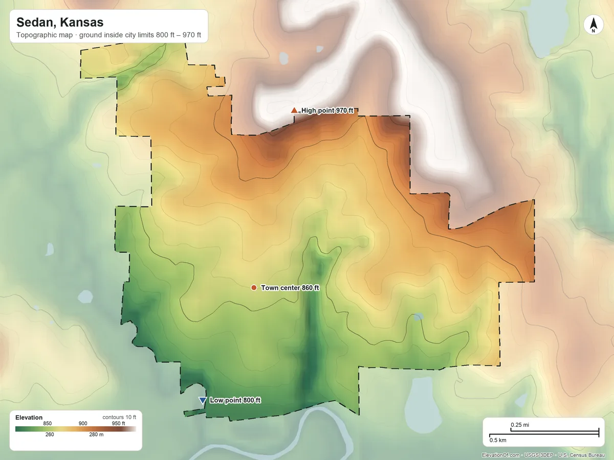 Topographic elevation map of Sedan, Kansas, shaded from 800 ft on the southwest side to 970 ft on the north side