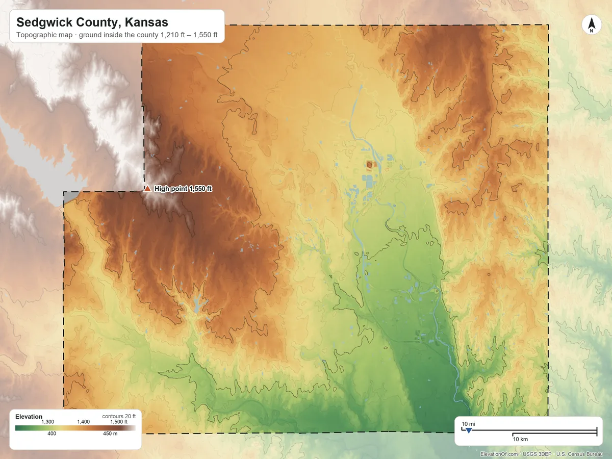 Topographic elevation map of Sedgwick County, Kansas, shaded from 1,210 ft on the southeast side to 1,550 ft on the west side