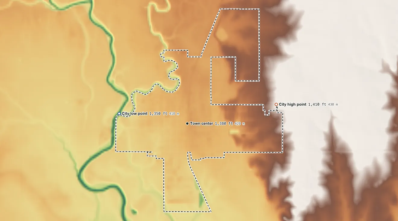 Topographic elevation map of Sedgwick, Kansas, shaded from 1,350 ft on the west side to 1,410 ft on the east side