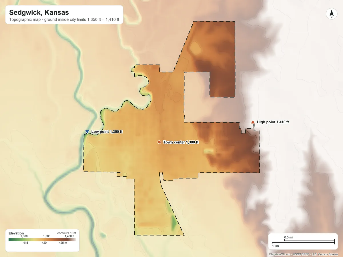 Topographic elevation map of Sedgwick, Kansas, shaded from 1,350 ft on the west side to 1,410 ft on the east side