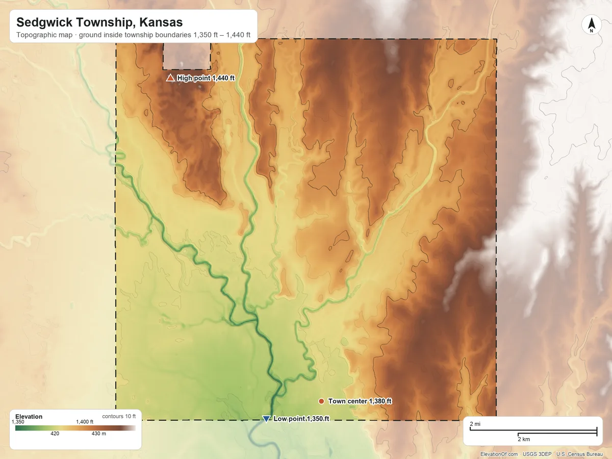 Topographic elevation map of Sedgwick Township, Kansas, shaded from 1,350 ft on the west side to 1,440 ft on the northwest side