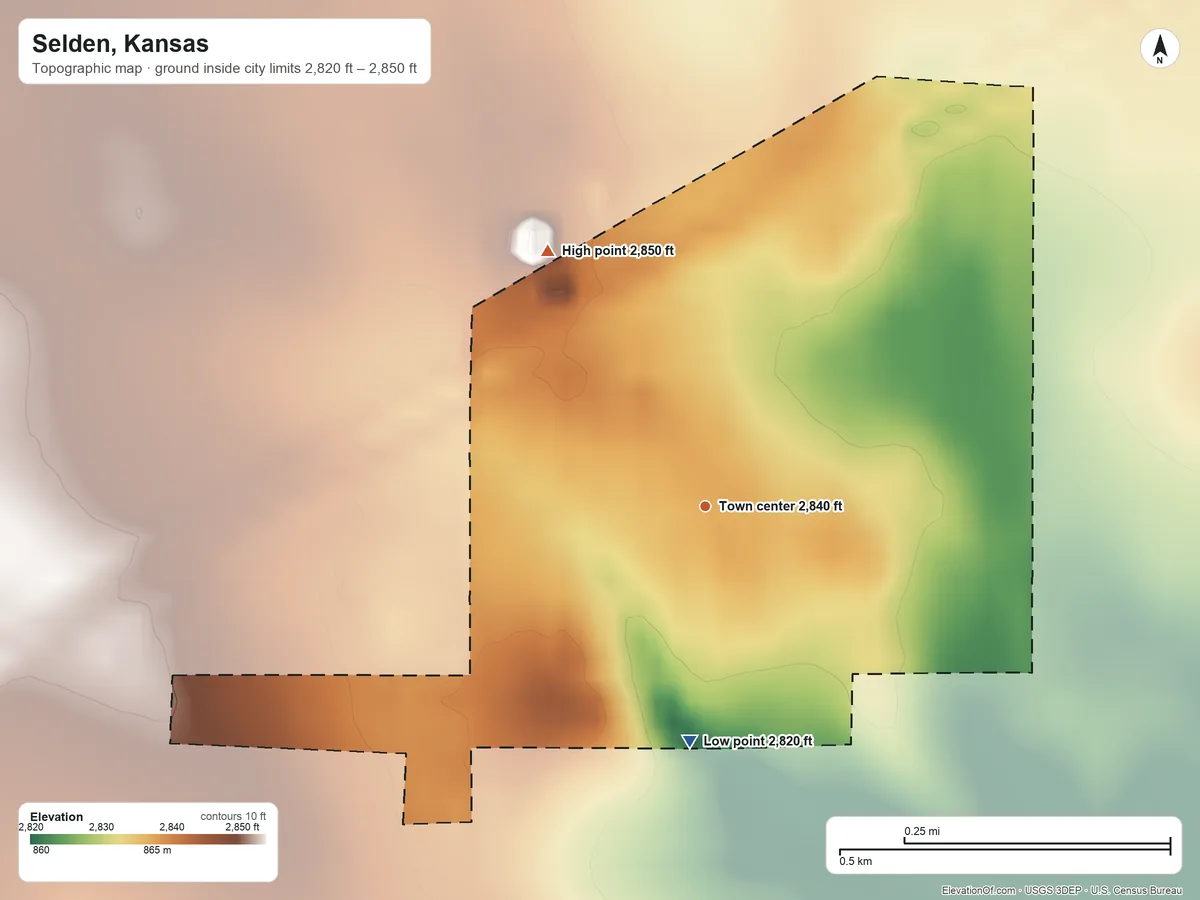 Topographic elevation map of Selden, Kansas, shaded from 2,820 ft on the south side to 2,850 ft on the northwest side