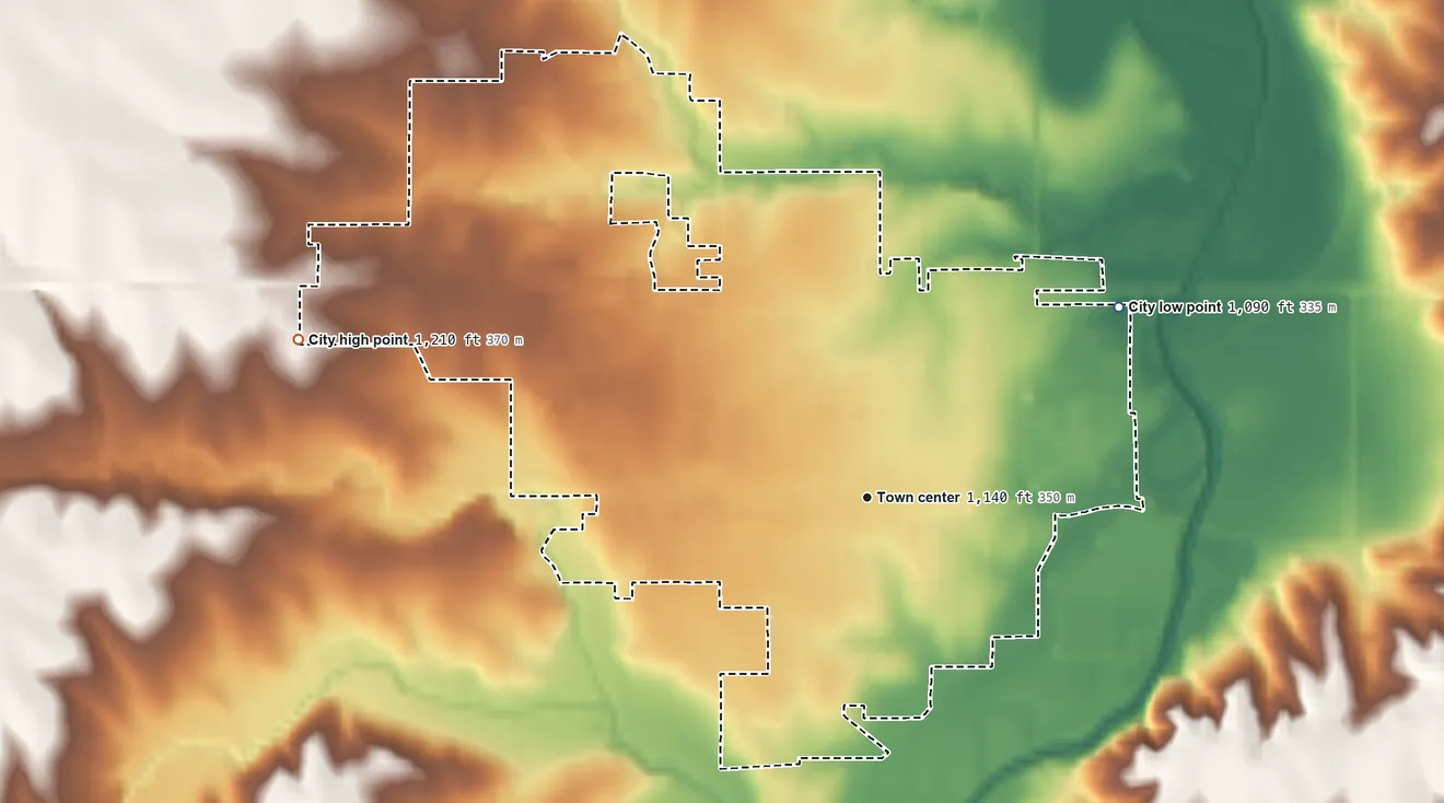 Topographic elevation map of Seneca, Kansas, shaded from 1,090 ft on the northeast side to 1,210 ft on the west side