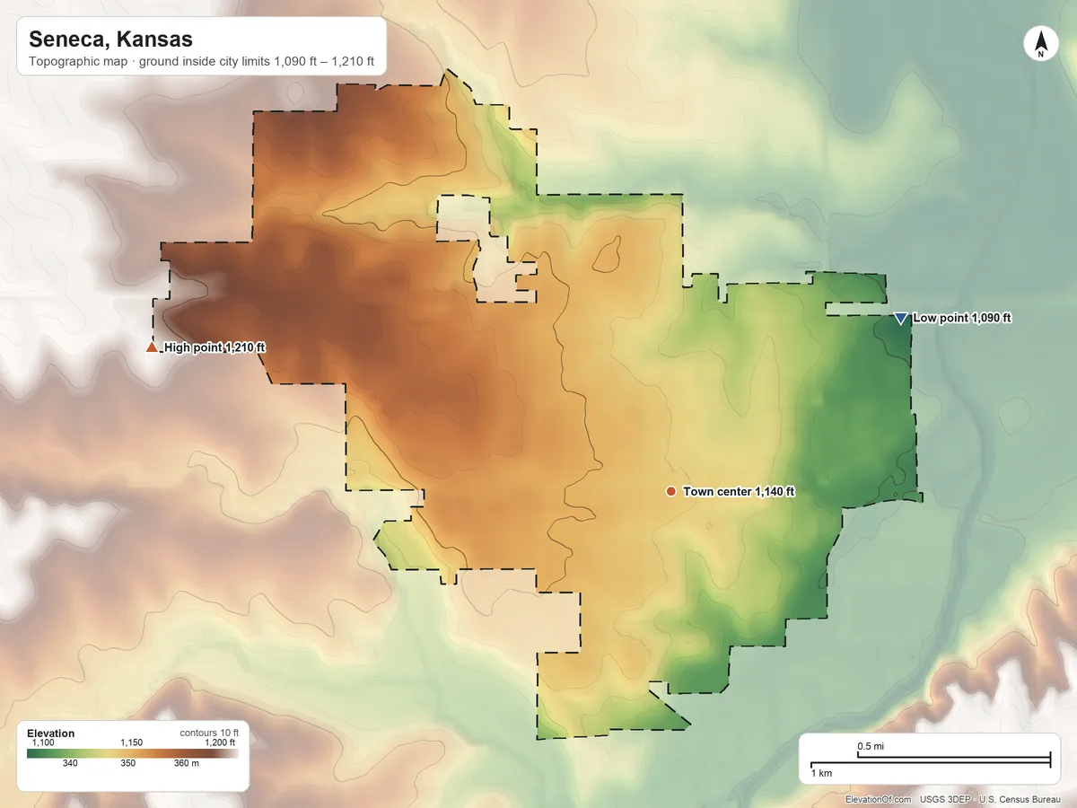 Topographic elevation map of Seneca, Kansas, shaded from 1,090 ft on the northeast side to 1,210 ft on the west side