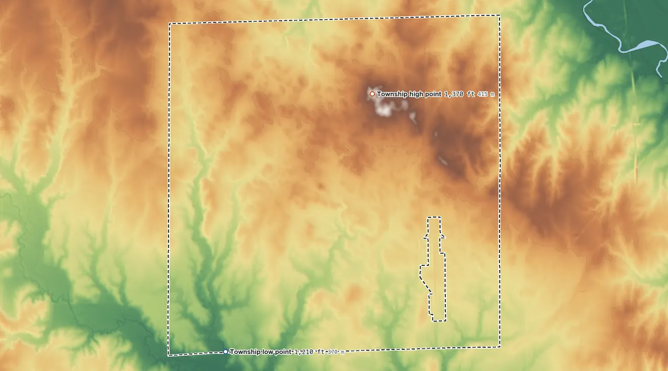 Topographic elevation map of Seventy-Six Township, Kansas, shaded from 1,210 ft on the southwest side to 1,370 ft on the northwest side