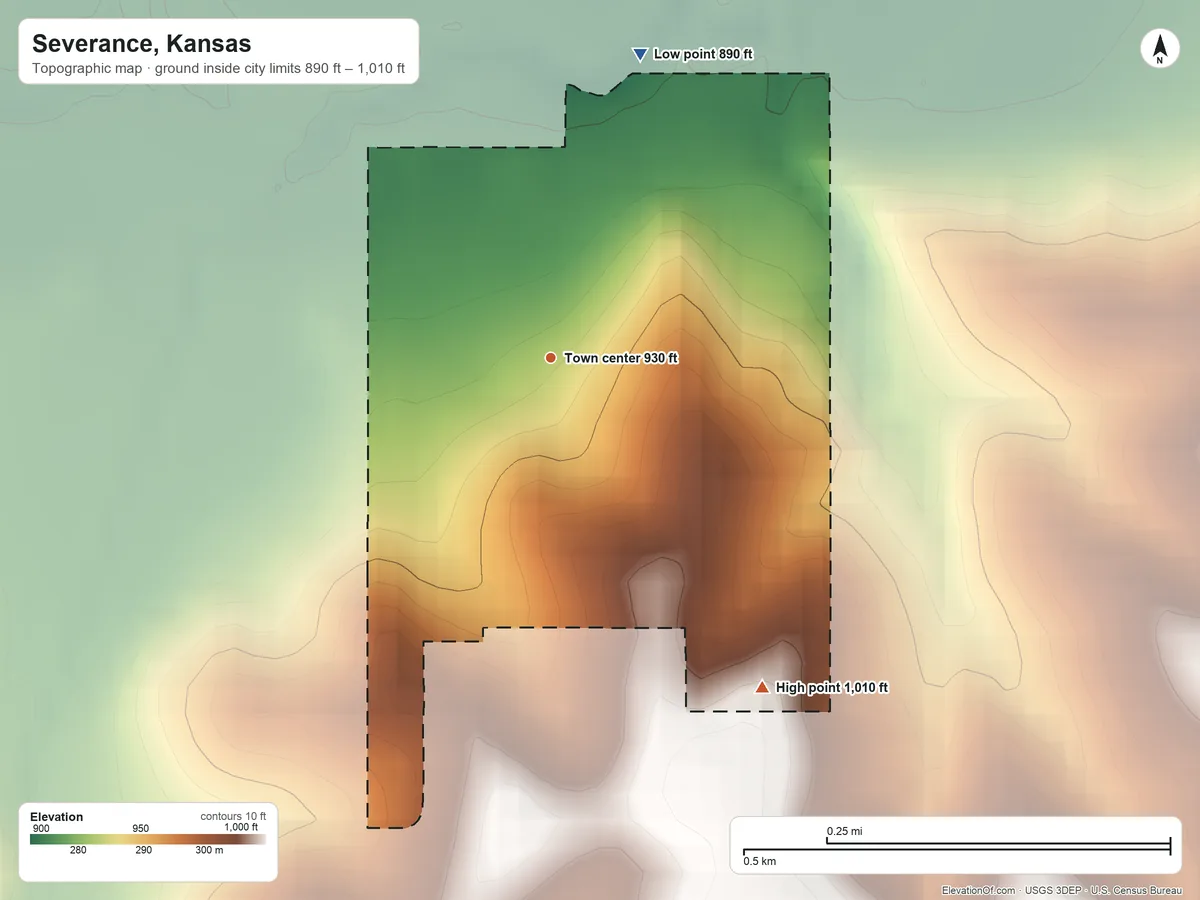 Topographic elevation map of Severance, Kansas, shaded from 890 ft on the north side to 1,010 ft on the southeast side