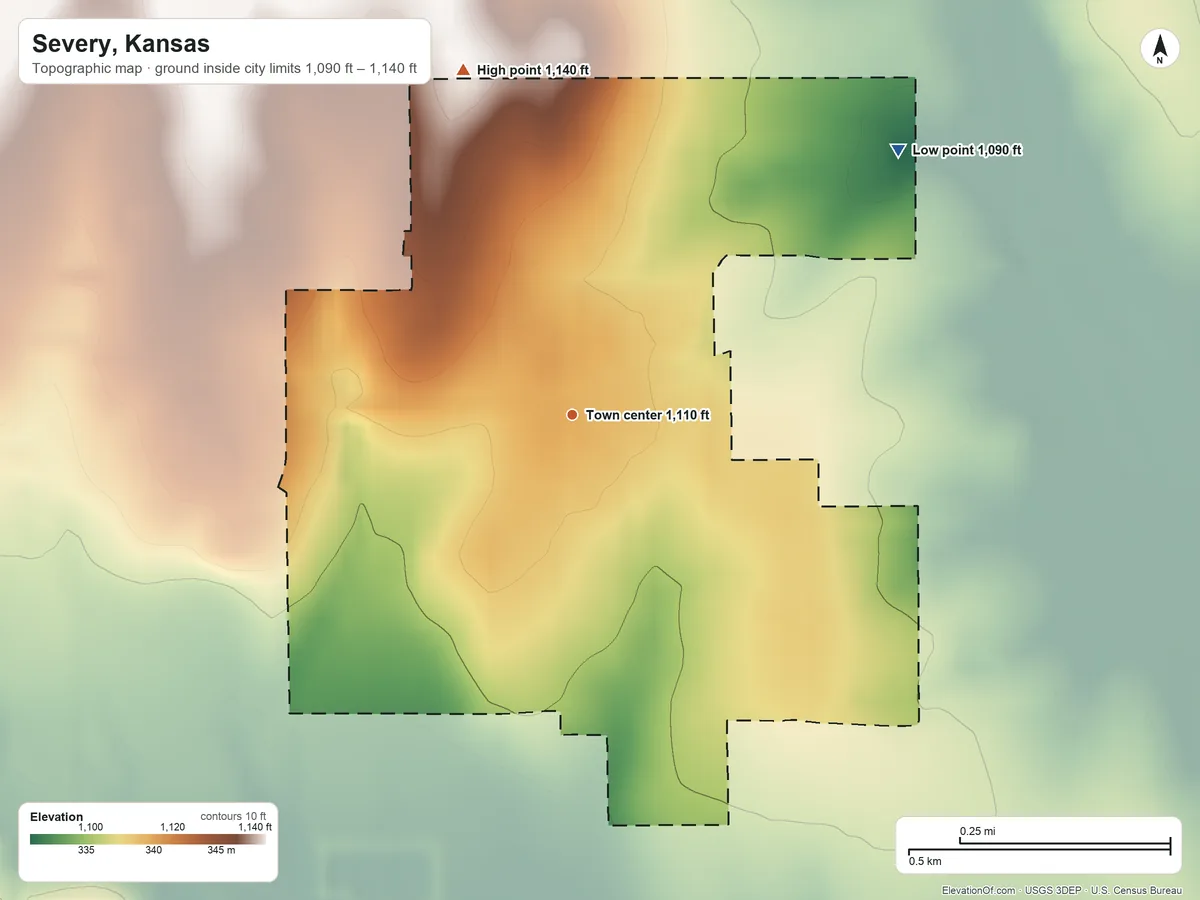 Topographic elevation map of Severy, Kansas, shaded from 1,090 ft on the northeast side to 1,140 ft on the north side