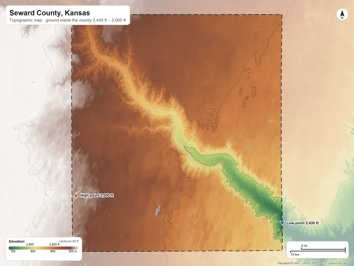 Topographic elevation map of Seward County, Kansas, shaded from 2,430 ft on the southeast side to 3,000 ft on the southwest side