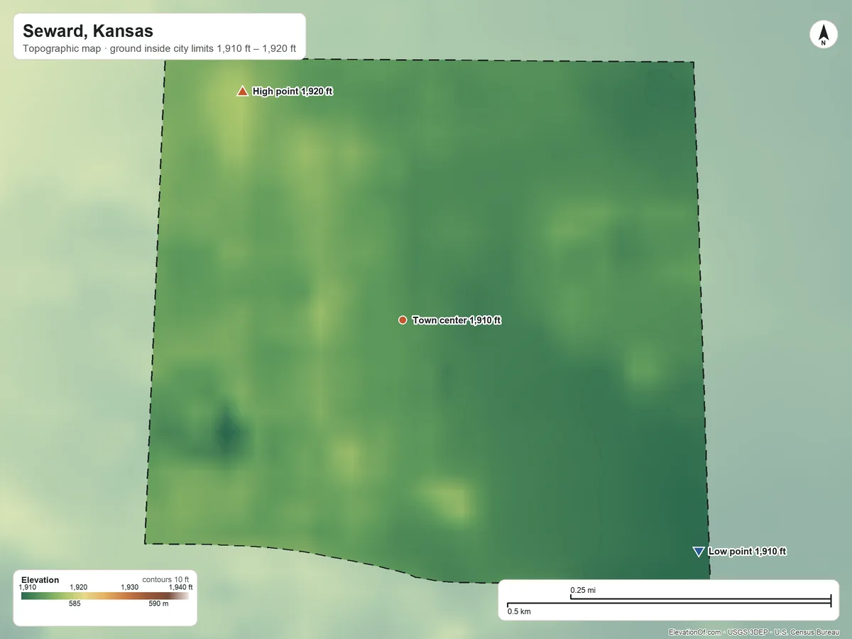 Topographic elevation map of Seward, Kansas, shaded from 1,910 ft on the southeast side to 1,920 ft on the northwest side
