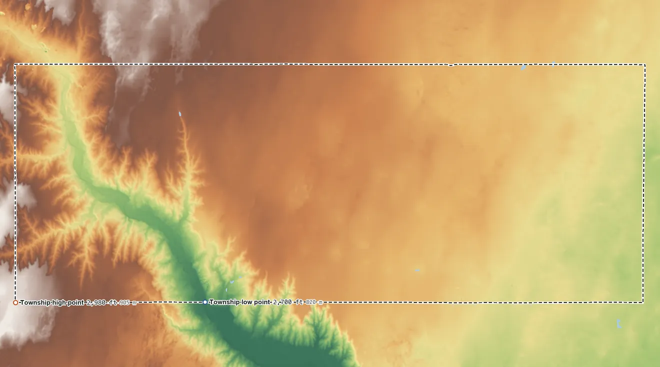 Topographic elevation map of Seward Township, Kansas, shaded from 2,700 ft on the southwest side to 2,980 ft on the west side