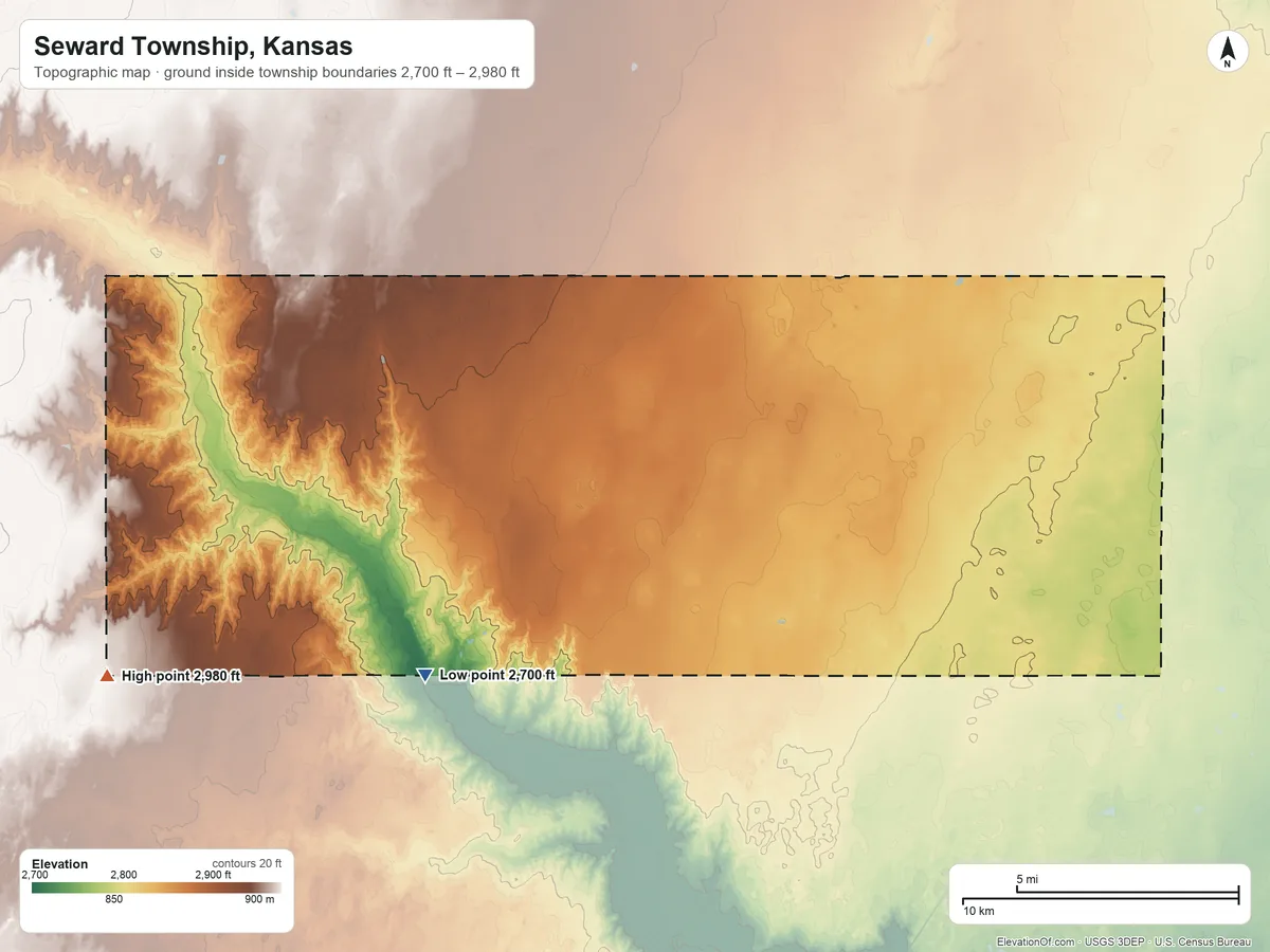 Topographic elevation map of Seward Township, Kansas, shaded from 2,700 ft on the southwest side to 2,980 ft on the west side