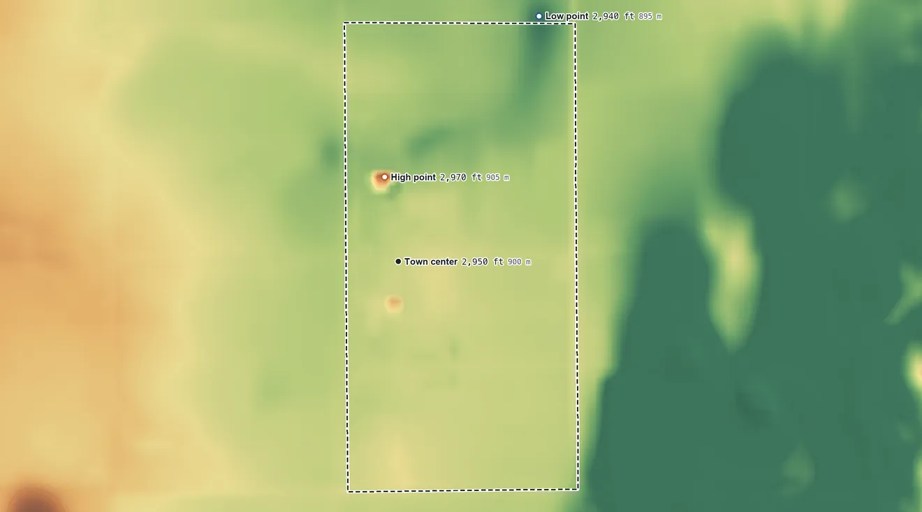 Topographic elevation map of Shallow Water, Kansas, shaded from 2,940 ft on the northeast side to 2,970 ft on the north side