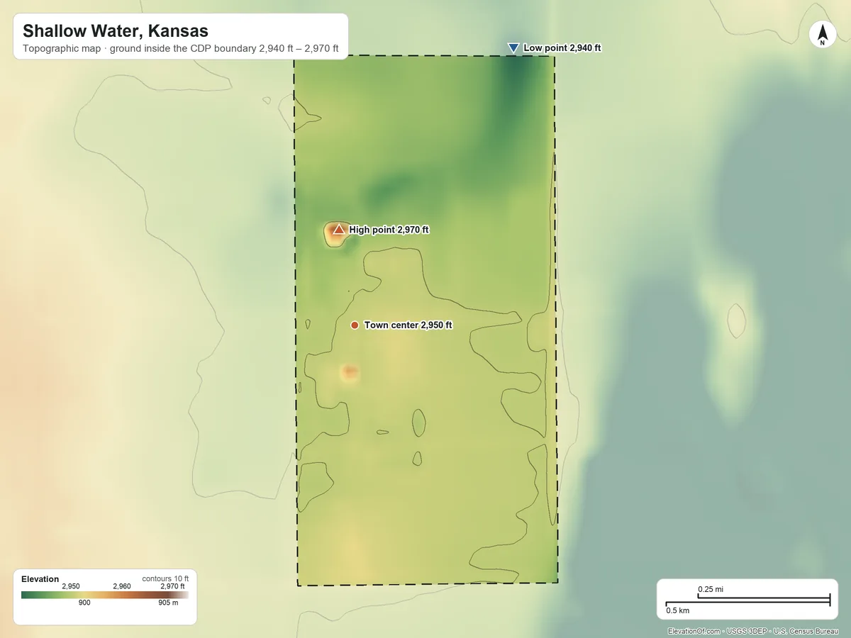 Topographic elevation map of Shallow Water, Kansas, shaded from 2,940 ft on the northeast side to 2,970 ft on the north side