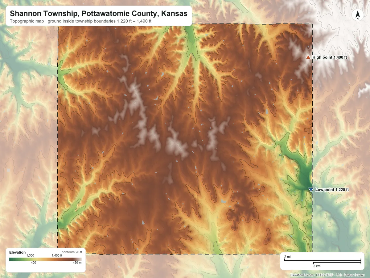 Topographic elevation map of Shannon Township, Pottawatomie County, Kansas, shaded from 1,220 ft on the east side to 1,490 ft on the northeast side