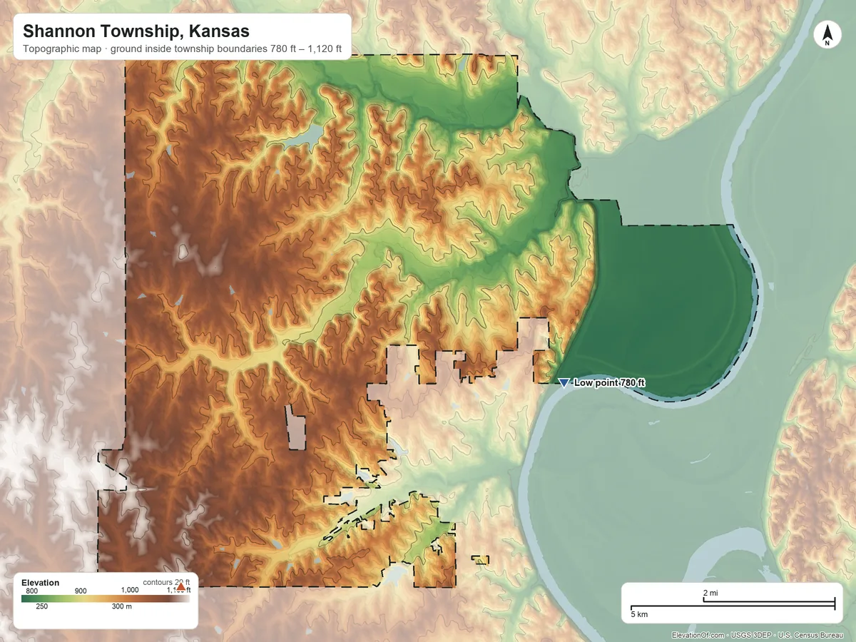Topographic elevation map of Shannon Township, Kansas, shaded from 780 ft on the east side to 1,120 ft on the southwest side