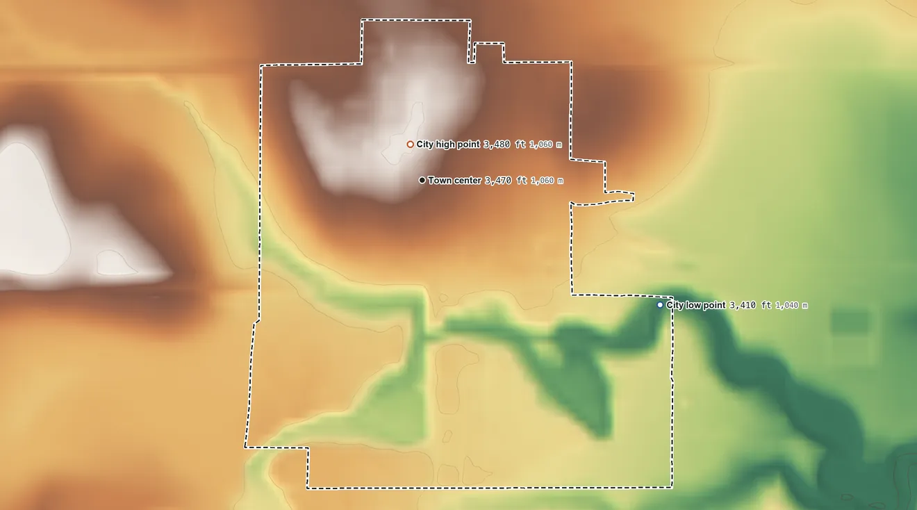 Topographic elevation map of Sharon Springs, Kansas, shaded from 3,410 ft on the southeast side to 3,480 ft near the middle