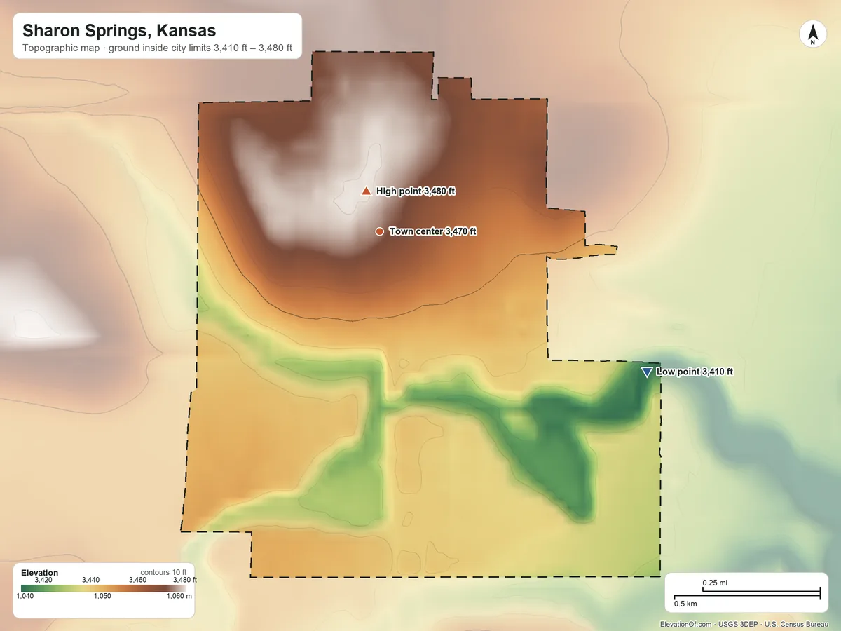 Topographic elevation map of Sharon Springs, Kansas, shaded from 3,410 ft on the southeast side to 3,480 ft near the middle