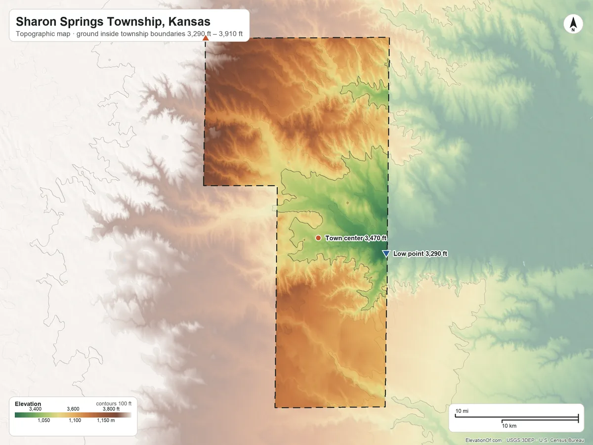 Topographic elevation map of Sharon Springs Township, Kansas, shaded from 3,290 ft on the east side to 3,910 ft on the northwest side