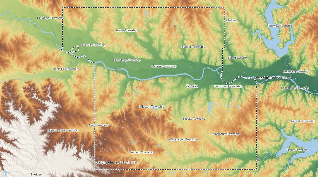 Topographic elevation map of Shawnee County, Kansas, shaded from 840 ft on the east side to 1,290 ft on the southwest side