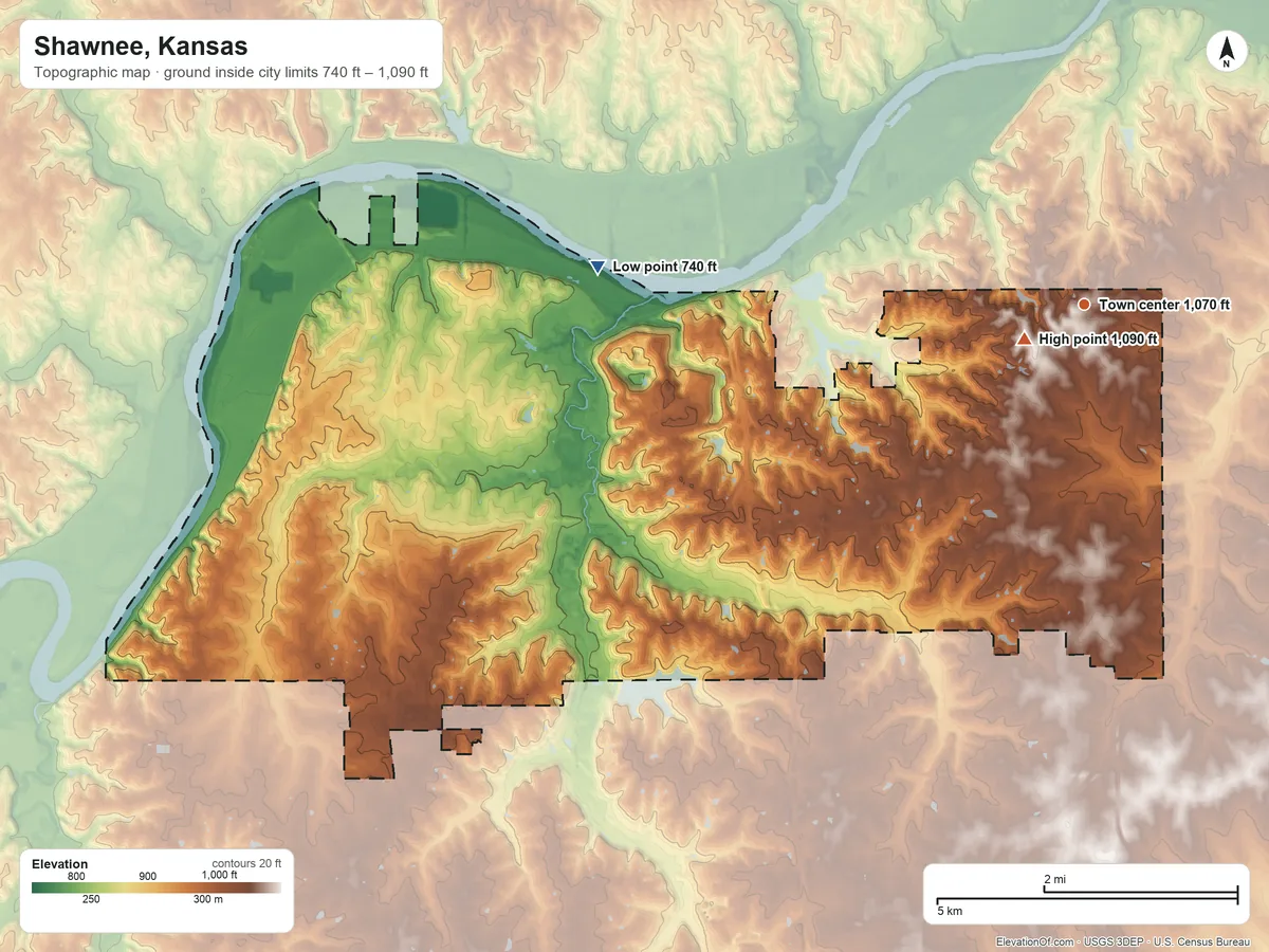 Topographic elevation map of Shawnee, Kansas, shaded from 740 ft on the west side to 1,090 ft near the middle