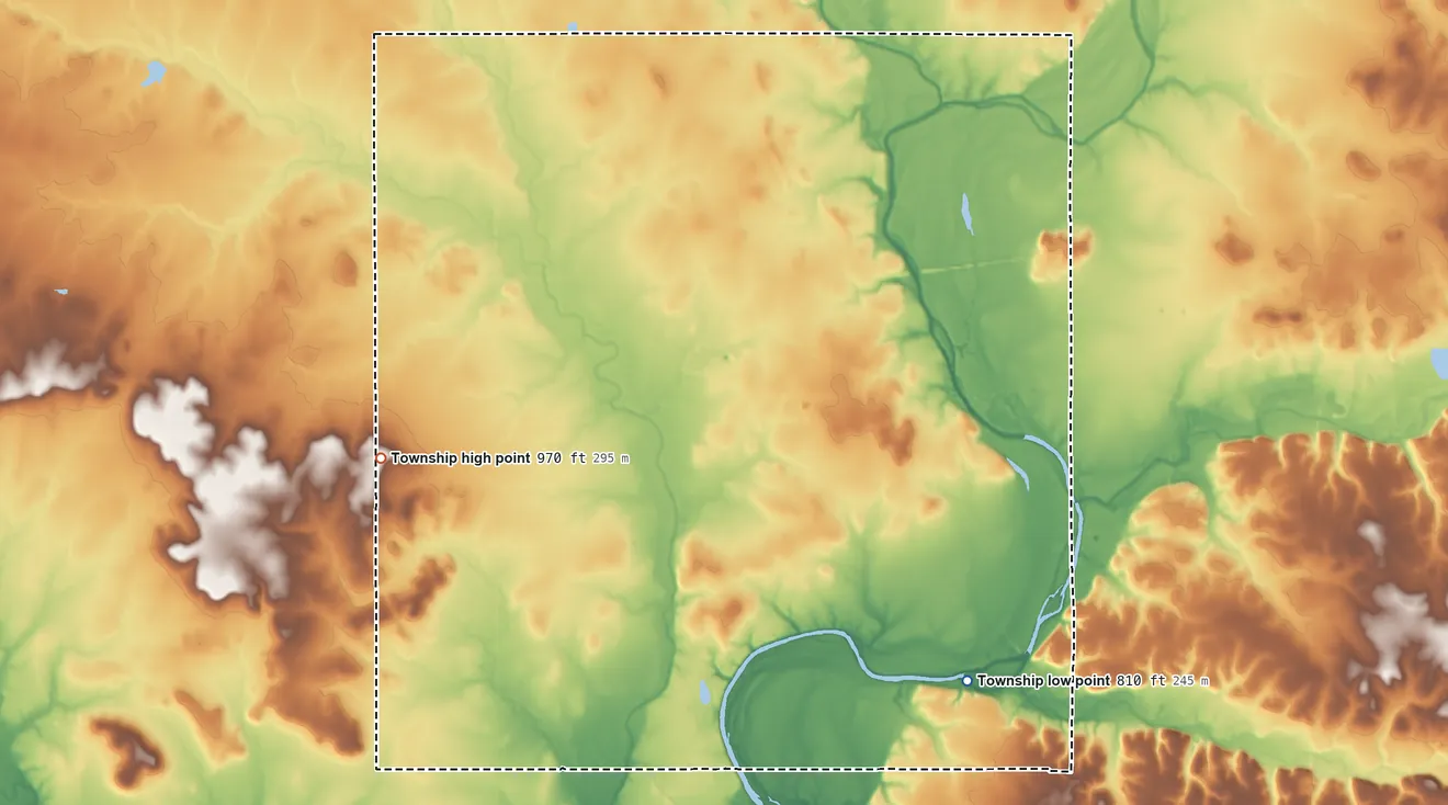 Topographic elevation map of Shawnee Township, Kansas, shaded from 810 ft on the southeast side to 970 ft on the west side