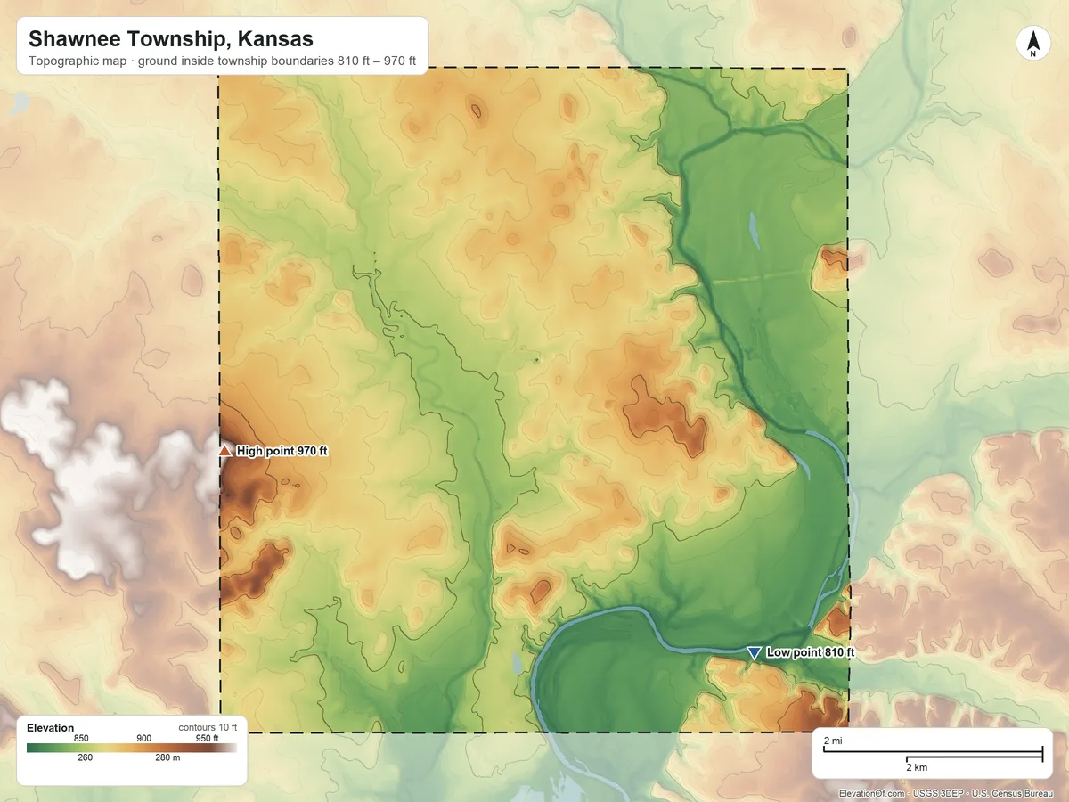 Topographic elevation map of Shawnee Township, Kansas, shaded from 810 ft on the southeast side to 970 ft on the west side
