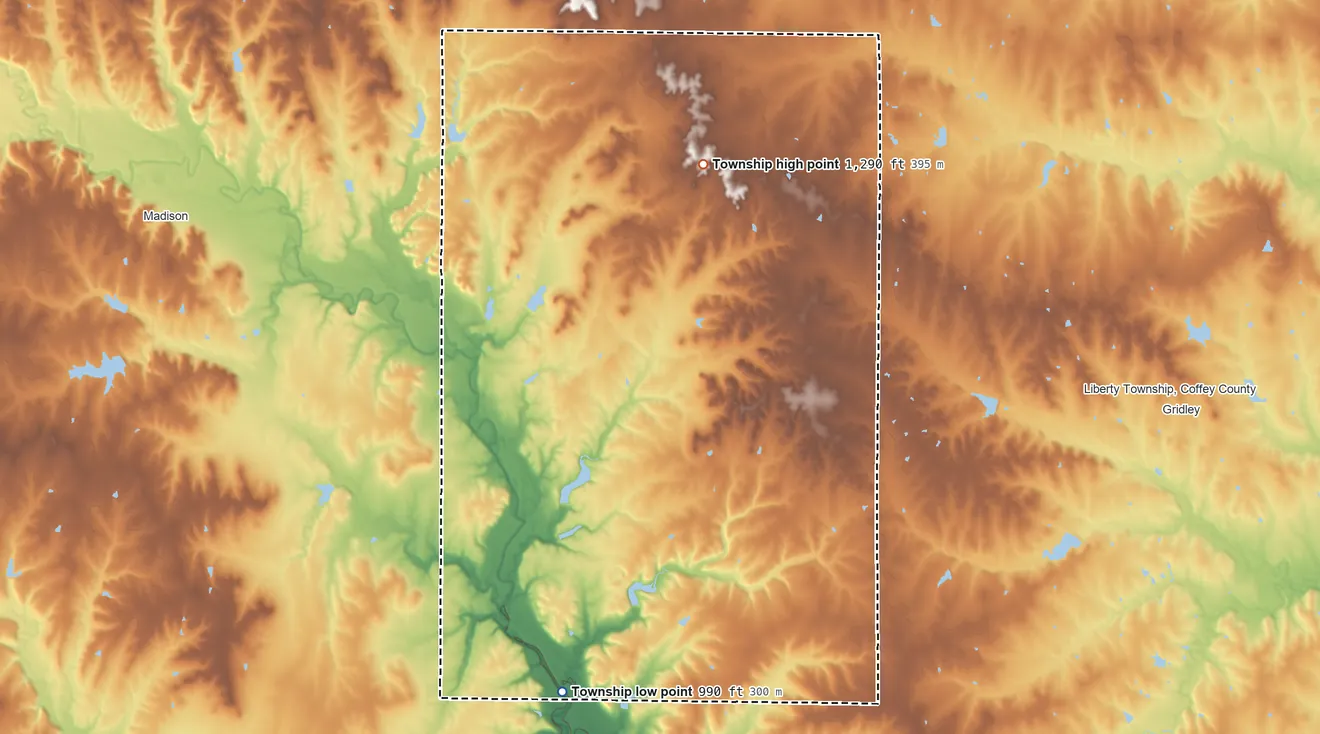 Topographic elevation map of Shell Rock Township, Kansas, shaded from 990 ft on the south side to 1,290 ft on the northeast side