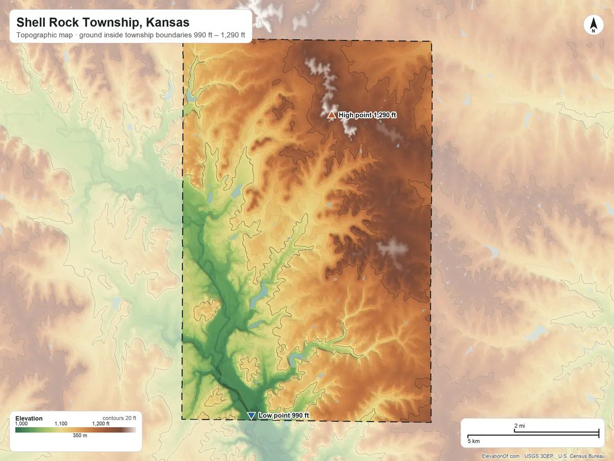 Topographic elevation map of Shell Rock Township, Kansas, shaded from 990 ft on the south side to 1,290 ft on the northeast side