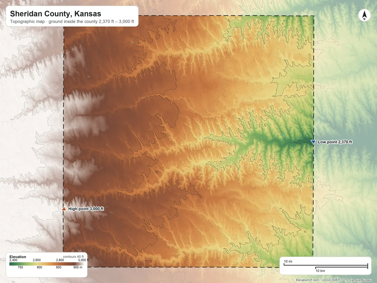 Topographic elevation map of Sheridan County, Kansas, shaded from 2,370 ft on the east side to 3,000 ft on the southwest side