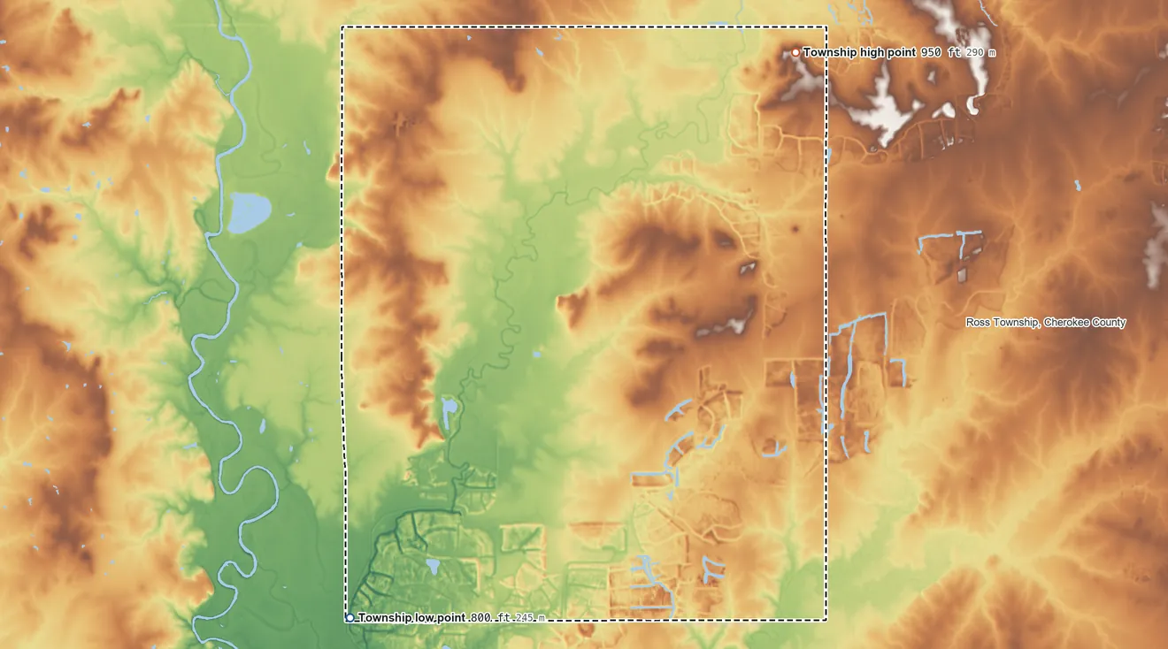 Topographic elevation map of Sheridan Township, Cherokee County, Kansas, shaded from 800 ft on the southwest side to 950 ft on the northeast side