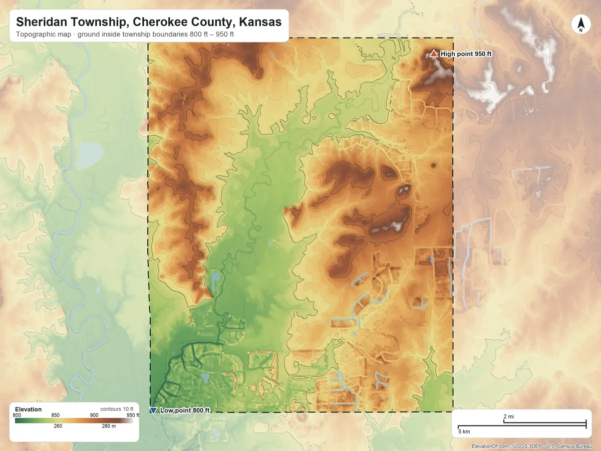 Topographic elevation map of Sheridan Township, Cherokee County, Kansas, shaded from 800 ft on the southwest side to 950 ft on the northeast side