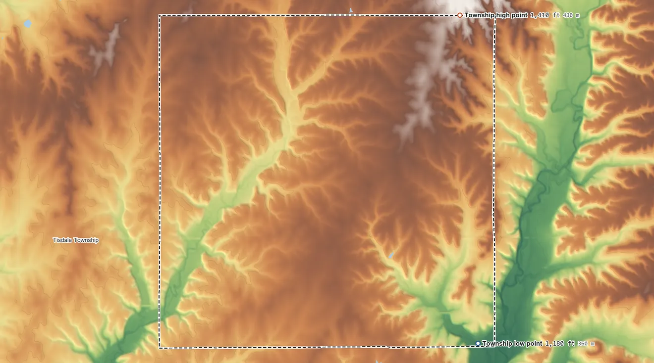 Topographic elevation map of Sheridan Township, Cowley County, Kansas, shaded from 1,180 ft on the southeast side to 1,410 ft on the northeast side