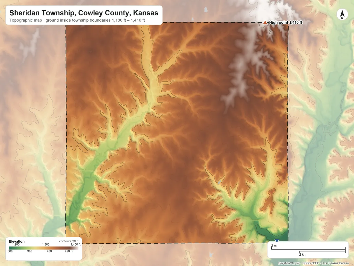 Topographic elevation map of Sheridan Township, Cowley County, Kansas, shaded from 1,180 ft on the southeast side to 1,410 ft on the northeast side