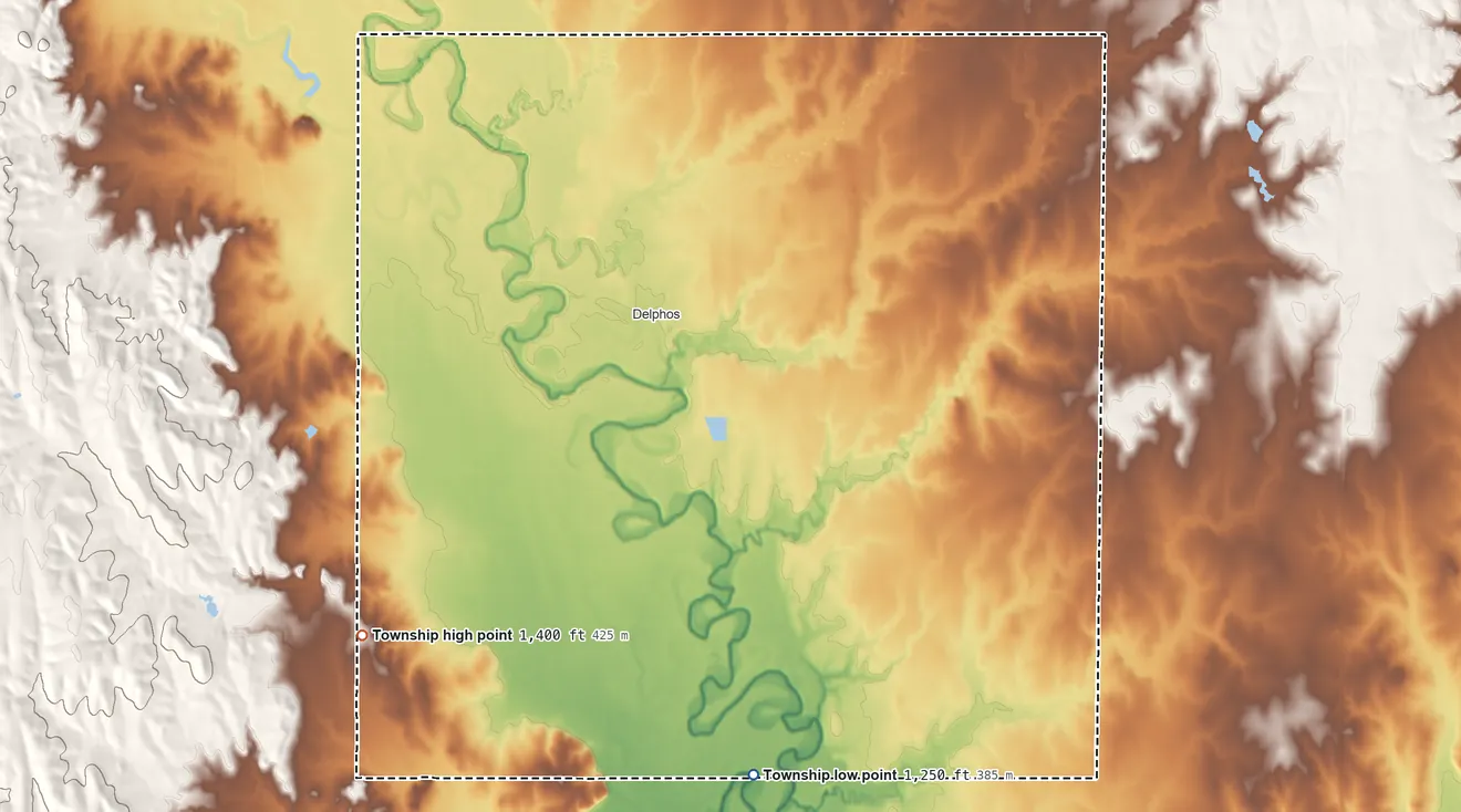Topographic elevation map of Sheridan Township, Ottawa County, Kansas, shaded from 1,250 ft on the south side to 1,400 ft on the southwest side