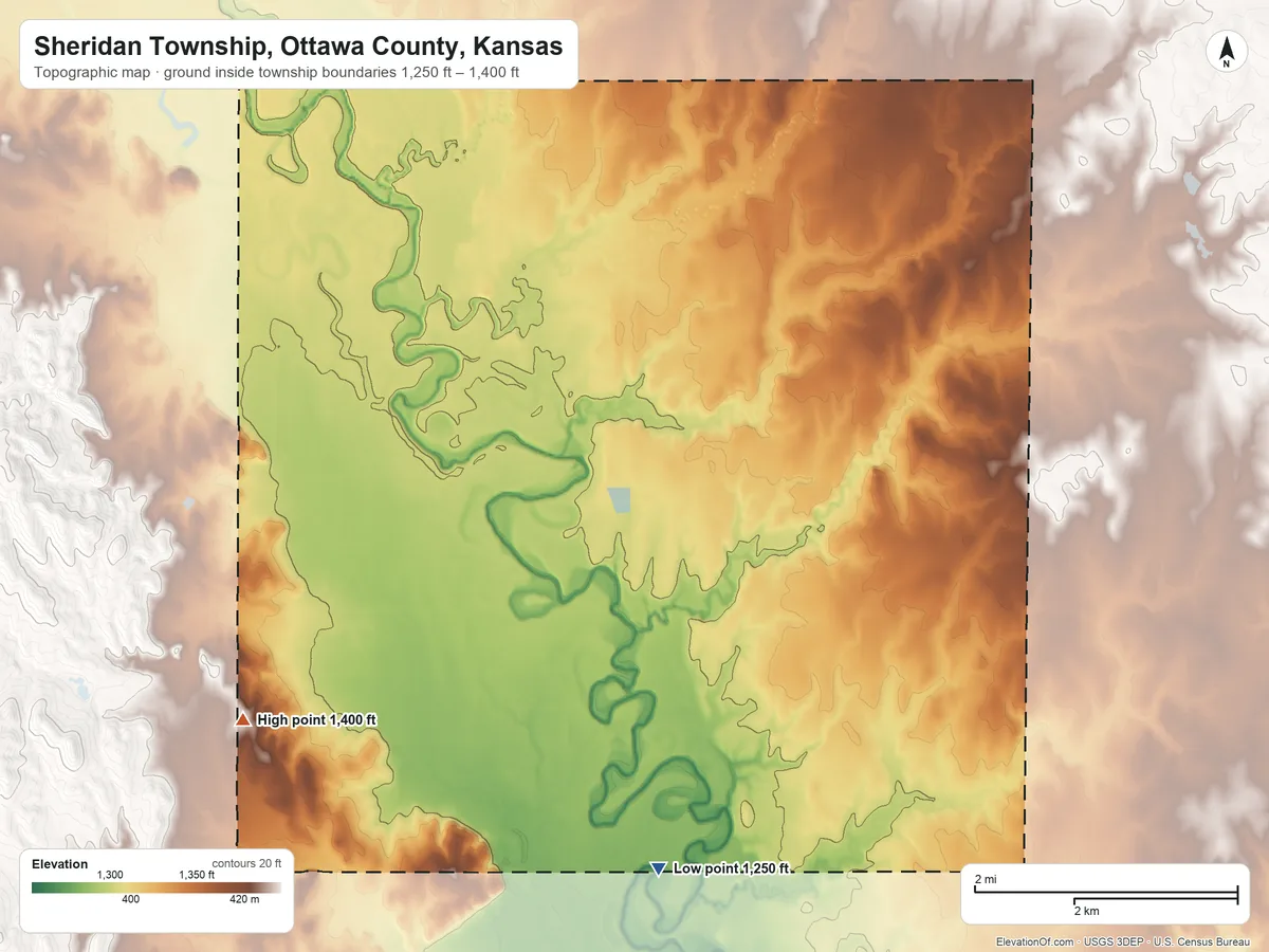 Topographic elevation map of Sheridan Township, Ottawa County, Kansas, shaded from 1,250 ft on the south side to 1,400 ft on the southwest side