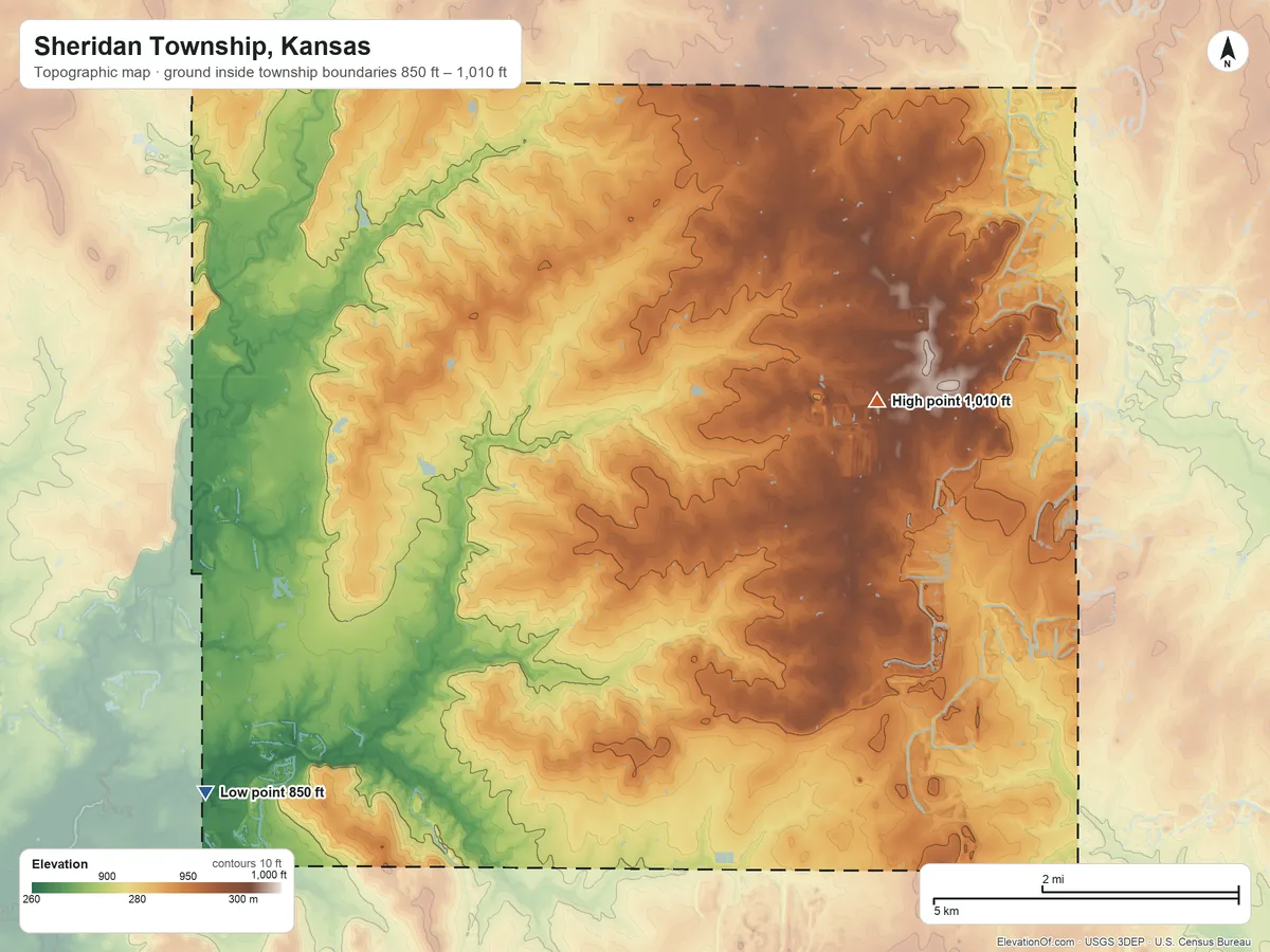 Topographic elevation map of Sheridan Township, Kansas, shaded from 850 ft on the west side to 1,010 ft on the northeast side