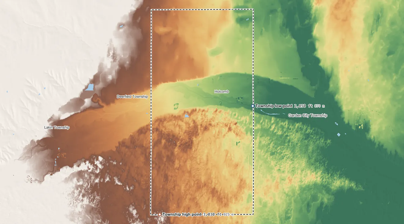 Topographic elevation map of Sherlock Township, Kansas, shaded from 2,850 ft on the southeast side to 3,030 ft on the southwest side