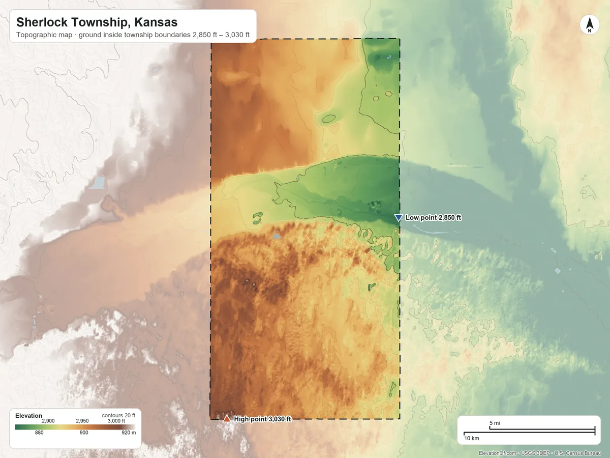 Topographic elevation map of Sherlock Township, Kansas, shaded from 2,850 ft on the southeast side to 3,030 ft on the southwest side