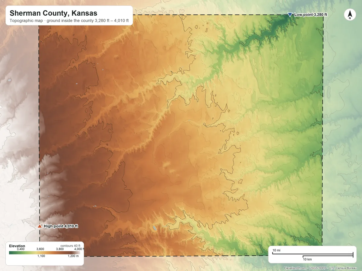 Topographic elevation map of Sherman County, Kansas, shaded from 3,280 ft on the northeast side to 4,010 ft on the southwest side