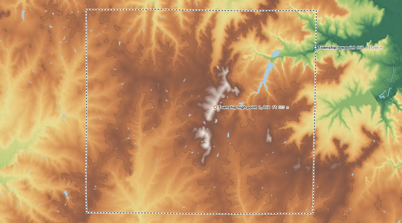 Topographic elevation map of Sherman Township, Crawford County, Kansas, shaded from 860 ft on the northeast side to 1,060 ft near the middle