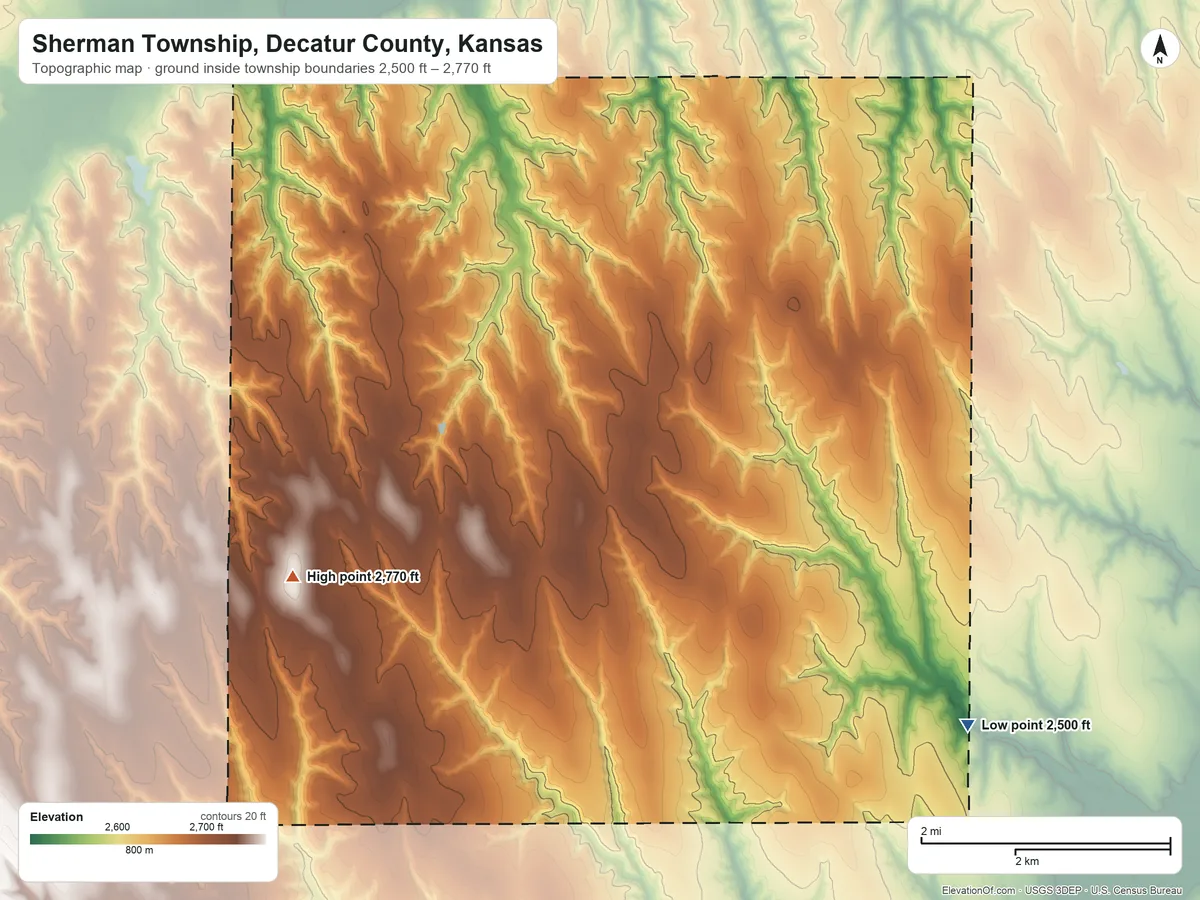 Topographic elevation map of Sherman Township, Decatur County, Kansas, shaded from 2,500 ft on the southeast side to 2,770 ft on the west side
