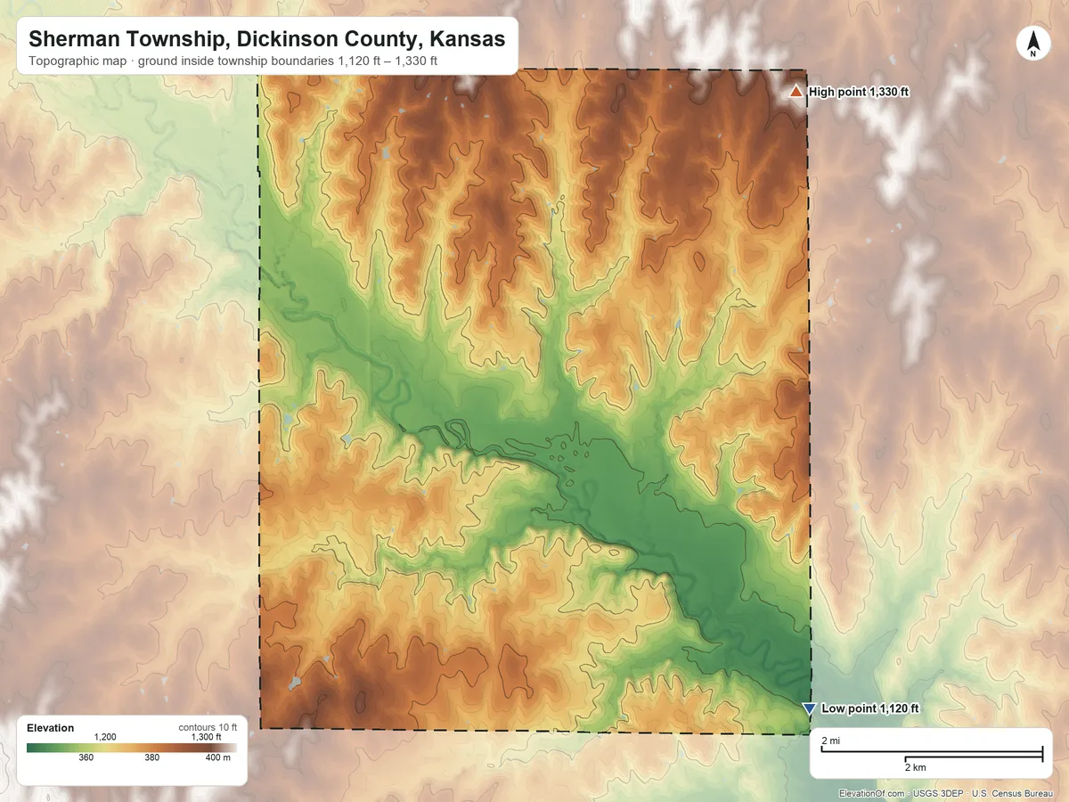 Topographic elevation map of Sherman Township, Dickinson County, Kansas, shaded from 1,120 ft on the southeast side to 1,330 ft on the northeast side