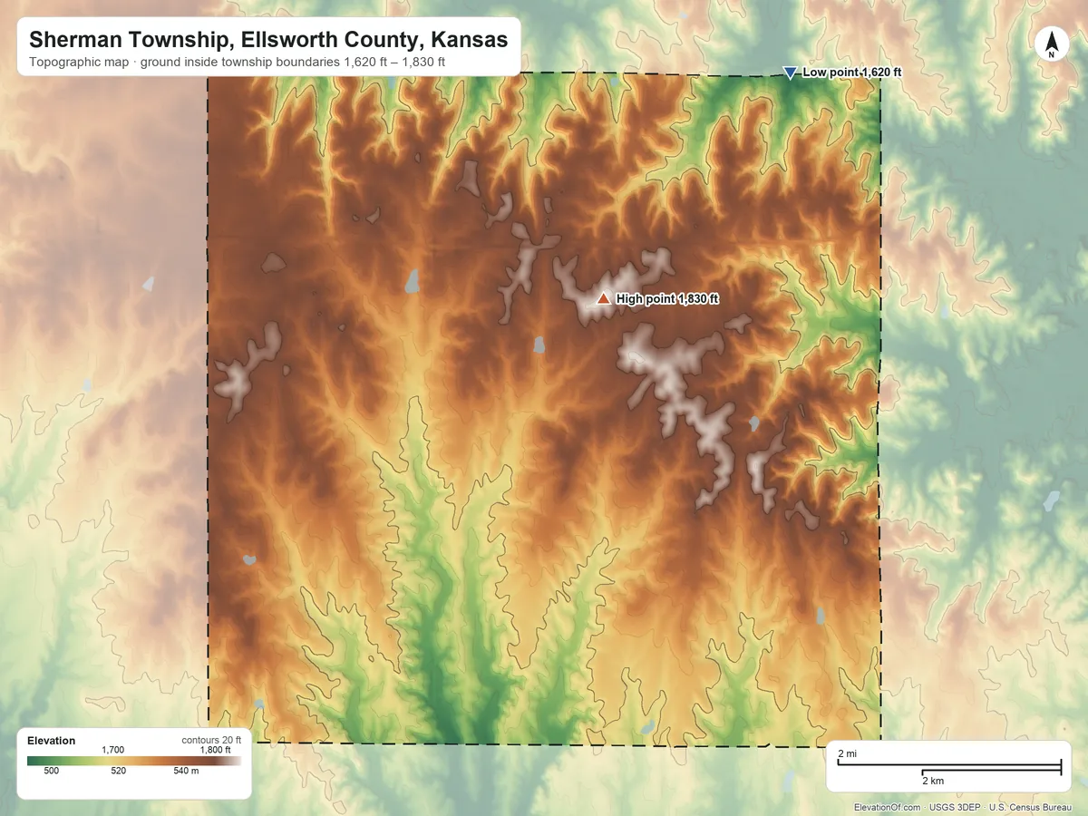 Topographic elevation map of Sherman Township, Ellsworth County, Kansas, shaded from 1,620 ft on the northeast side to 1,830 ft on the northeast side